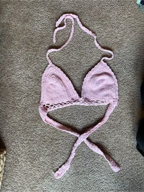 Pink Crochet Triangle Bikini Top - Women Swim Bikini